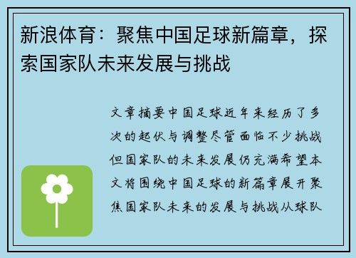 新浪体育：聚焦中国足球新篇章，探索国家队未来发展与挑战